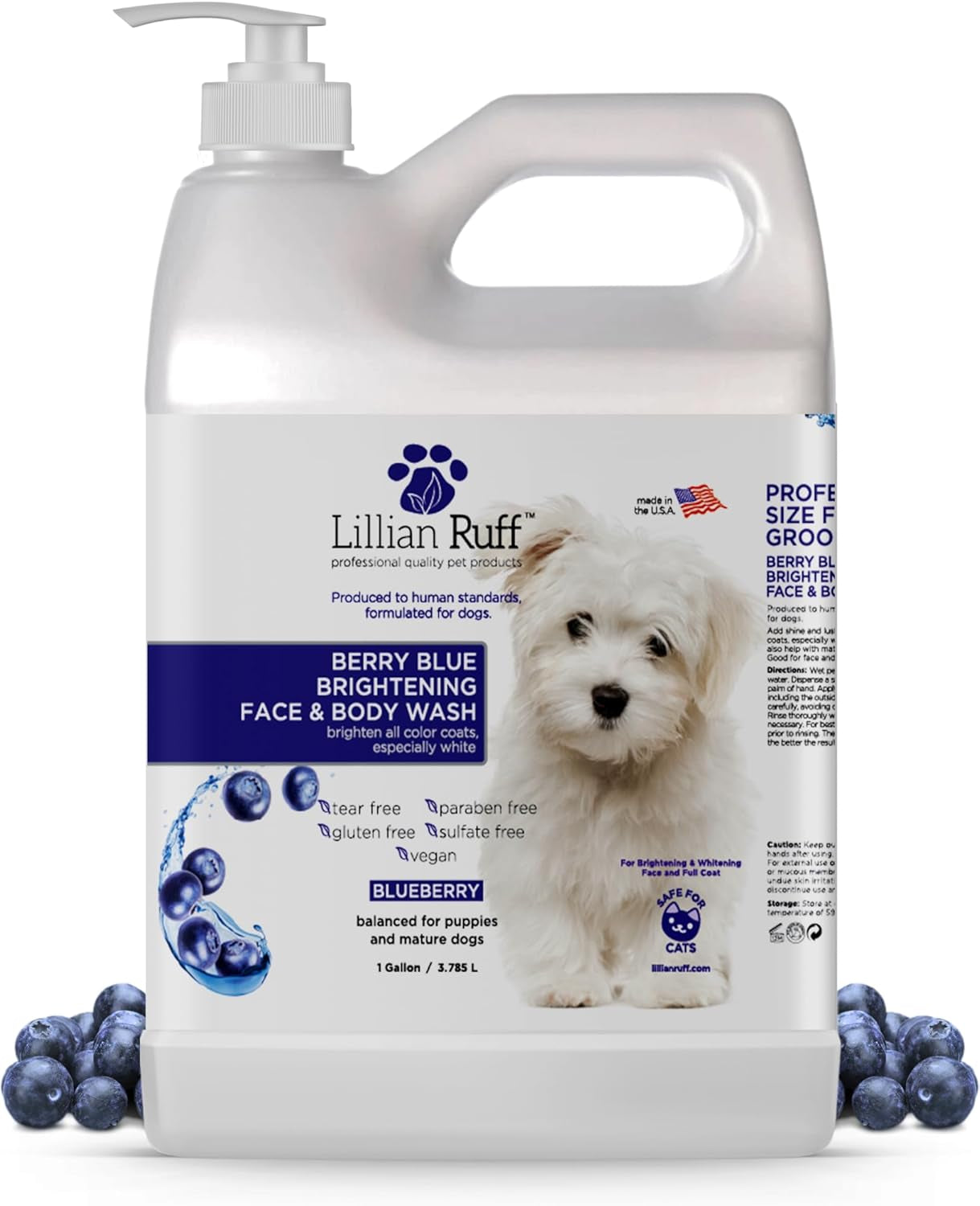 PRO Formula Berry Blue Brightening Pet Shampoo - Ultra-Hydrating Professional Whitening Dog Shampoo, Vivid Show-Quality Coat Enhancer, Tear Stain & Odor Eliminator, Vitamin B5, 128Oz+Pump