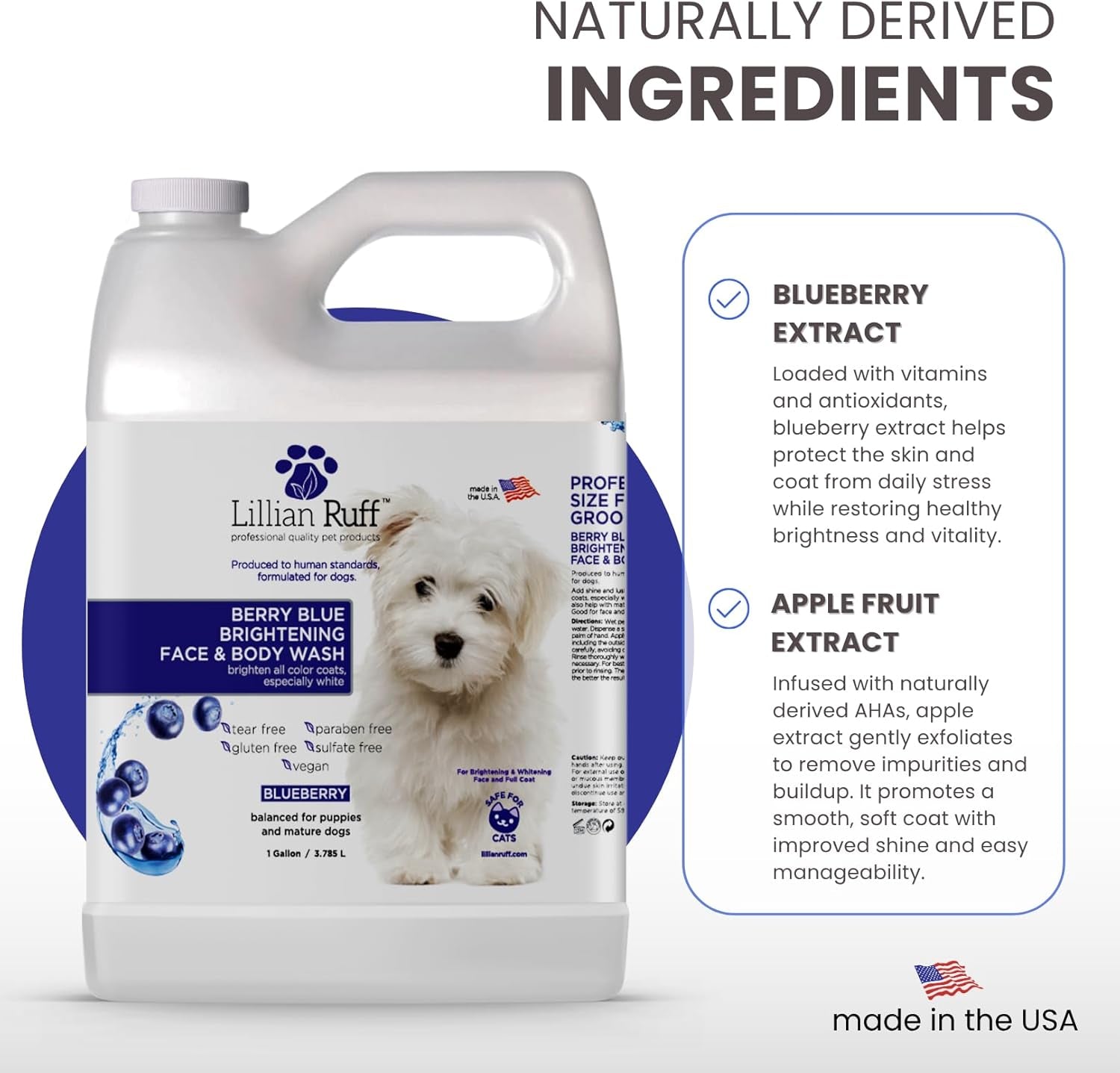 PRO Formula Berry Blue Brightening Pet Shampoo - Ultra-Hydrating Professional Whitening Dog Shampoo, Vivid Show-Quality Coat Enhancer, Tear Stain & Odor Eliminator, Vitamin B5, 128Oz+Pump