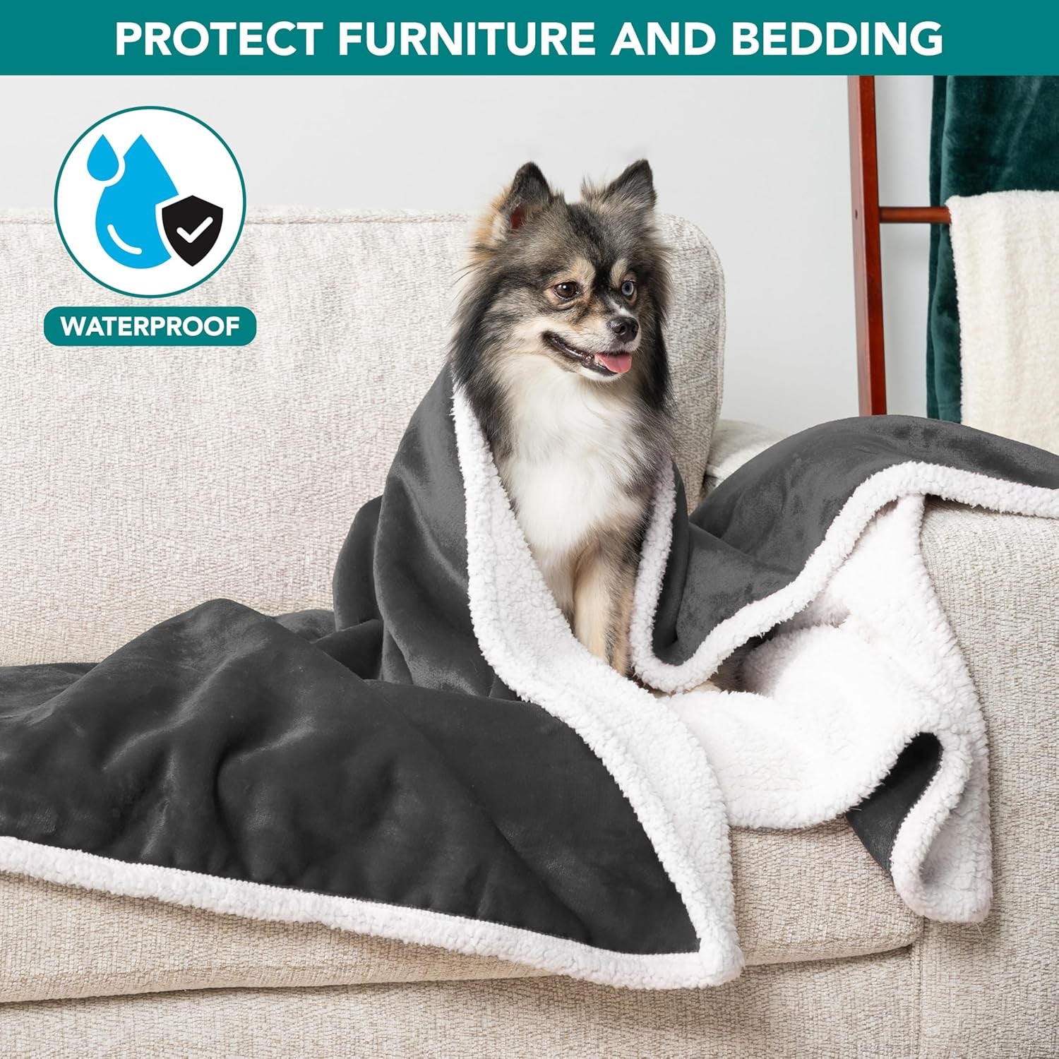 Waterproof Dog Blanket for Small Medium Dog Puppy Cat Throw for Couch Cover Leakproof Protection, Sherpa Fleece, Reversible Soft Washable 29X40 Charcoal Gray
