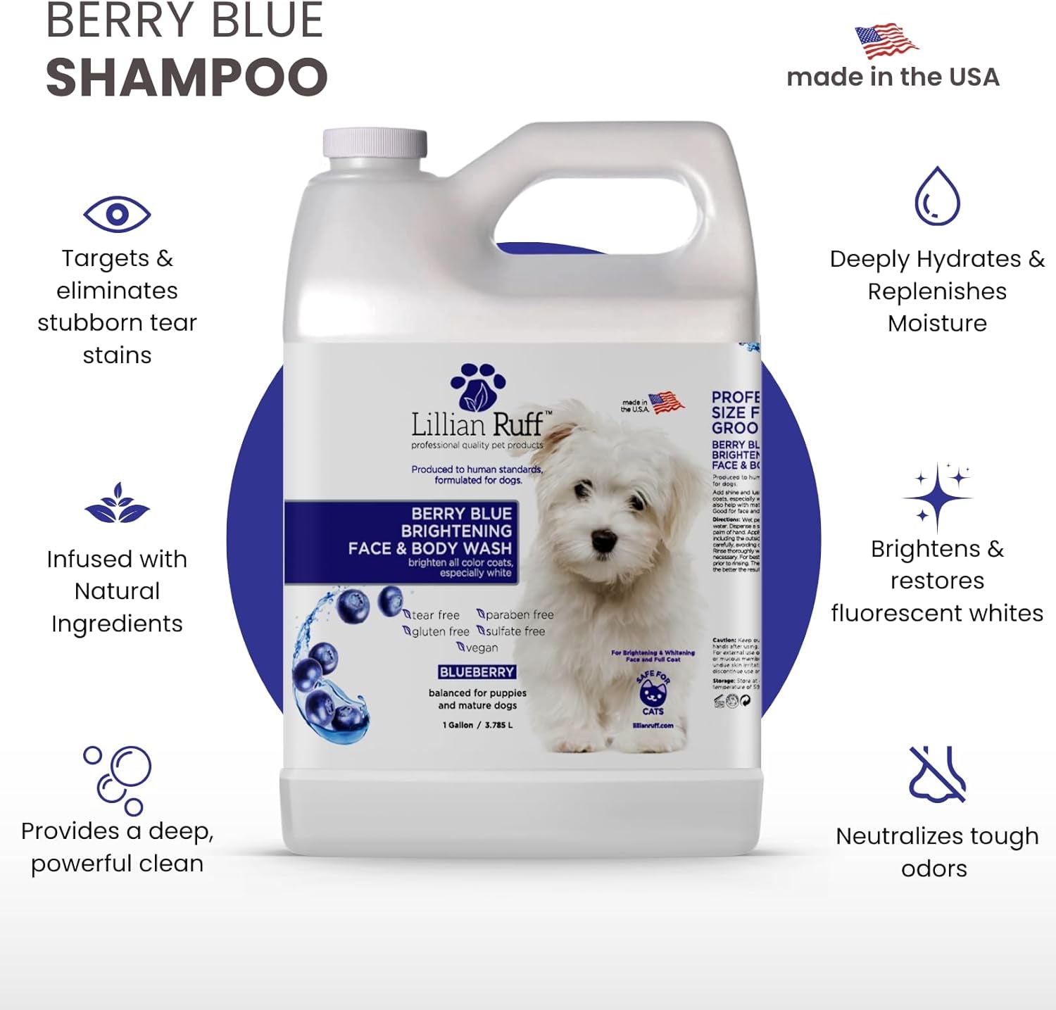 PRO Formula Berry Blue Brightening Pet Shampoo - Ultra-Hydrating Professional Whitening Dog Shampoo, Vivid Show-Quality Coat Enhancer, Tear Stain & Odor Eliminator, Vitamin B5, 128Oz+Pump